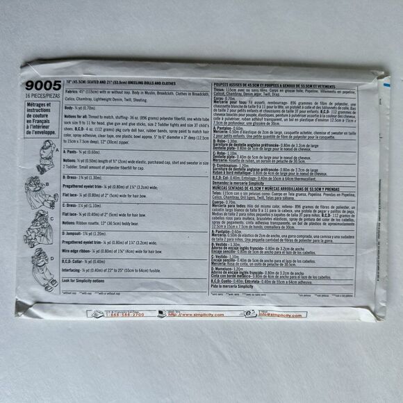 CRAFTS SIMPLICITY 9005 SEWING PATTERN 18" & 21" DOLL & CLOTHES UNCUT - Picture 2 of 2